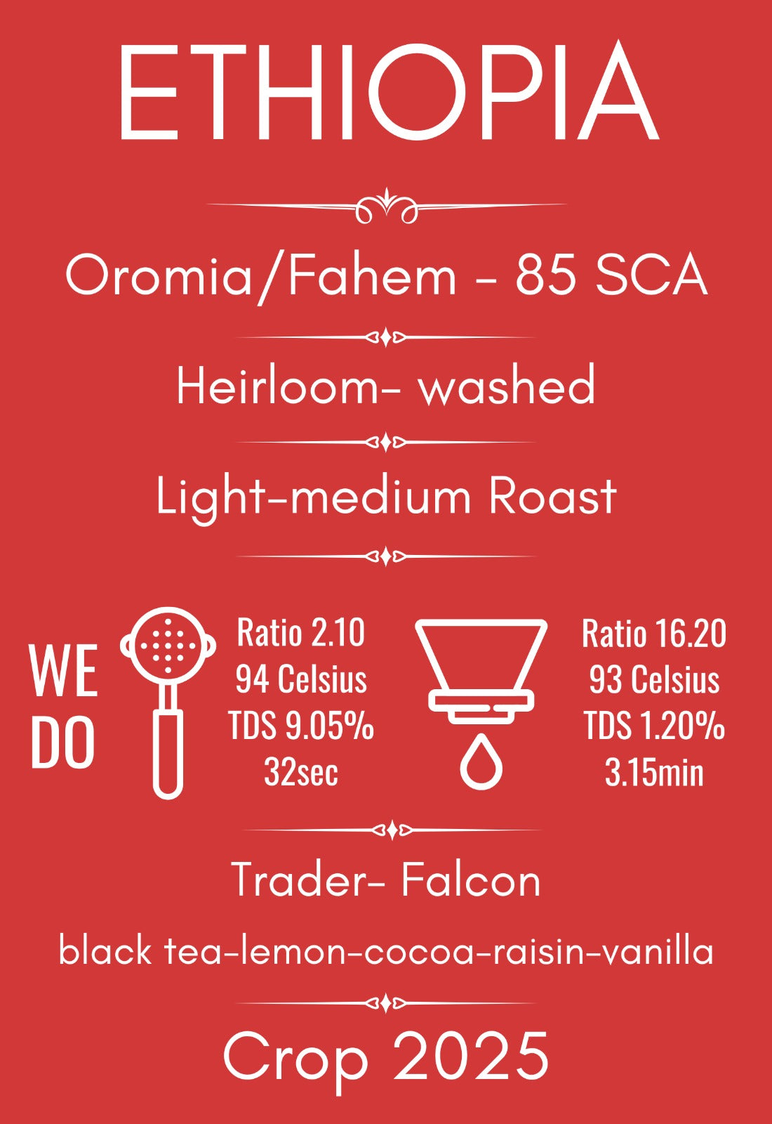 Ambalaj cafea de specialitate Ethiopia Oromia Fahem, scor 85 SCA, prăjire light, note de ceai negru, cacao, vanilie, lămâie, stafide