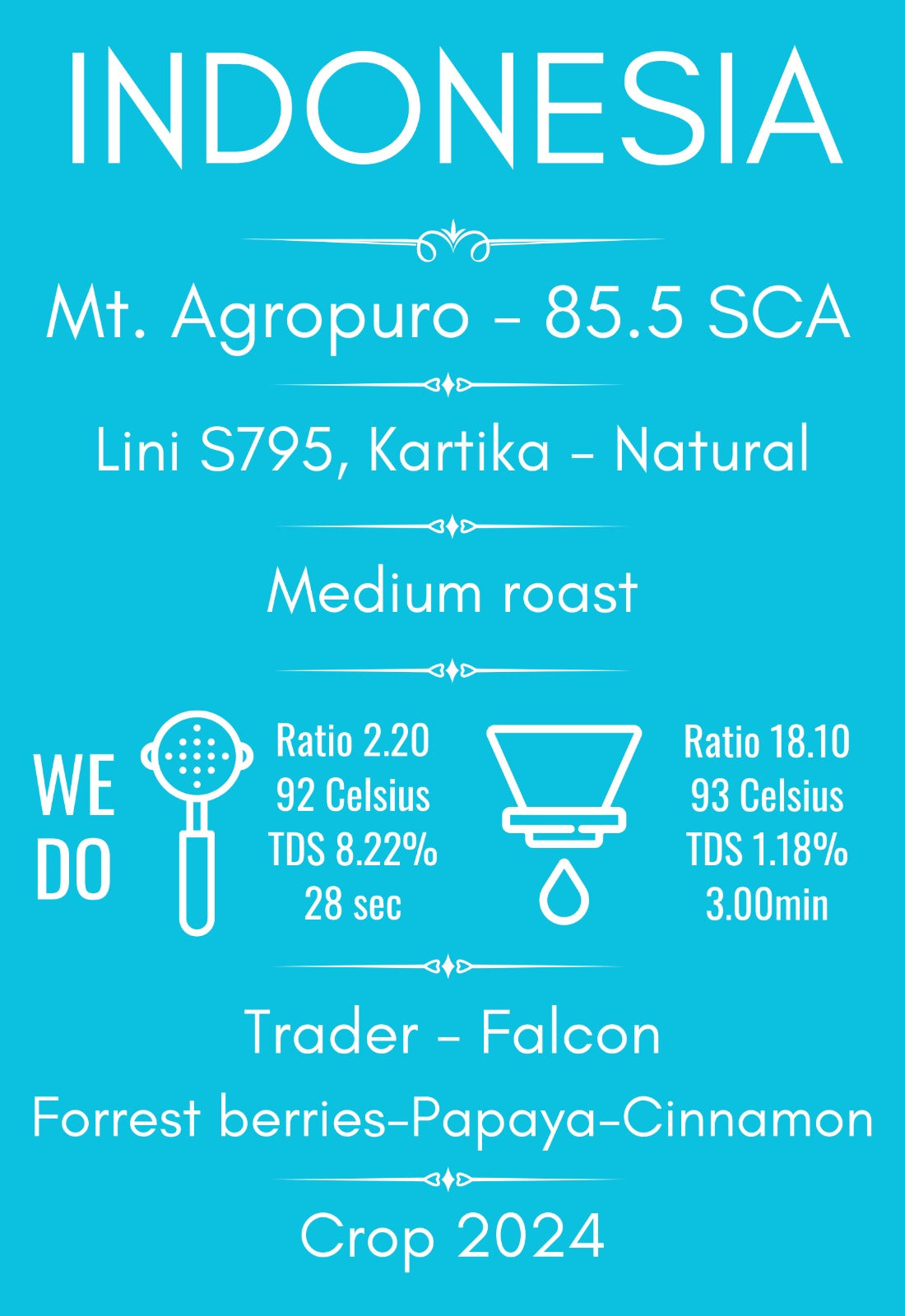 Tip: Indonezia, Java, Muntele Agropuro, Lini S795 Raritate: Rară, exclusivă, specială Arome: Fructe negre, papaya, ciocolată, scorțișoară Gust: Complex, echilibrat, aciditate vibrantă, postgust lung Caracteristici: Naturală, arome intense, gust distinctiv, vulcanică Experiență: Unică, memorabilă, specială Consum: Iubitori cafea, ocazii speciale, răsfăț