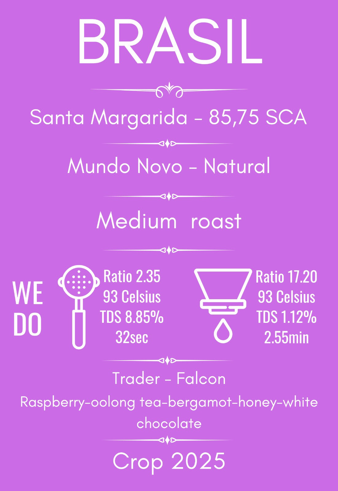 Boabe de cafea Brazilia Santa Margarida, prăjite mediu, cu arome de zmeură, ceai alb, bergamotă, miere și ciocolată albă, cafea de specialitate din Brazilia.
