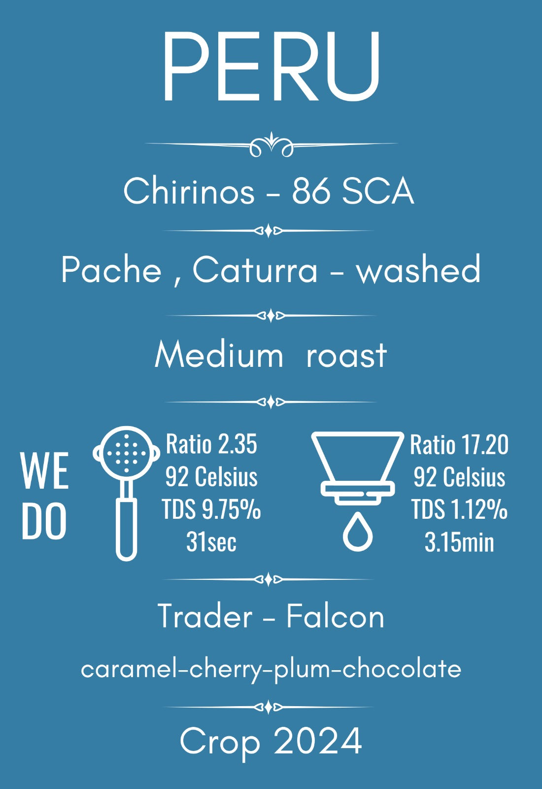 Boabe de cafea Peru Chirinos, prăjite mediu, cu arome de caramel, cireșe, prune și ciocolată, cafea de specialitate din Peru.